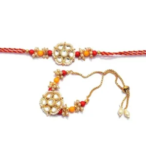 Adult Handmade Rakhi Gift for Brother and Bhabhi Floral RakhiKundan Bracelet Rakhi for BhaiyaBhabhiRakshabandhan Couple Pearl Rakhi Set of – 2.