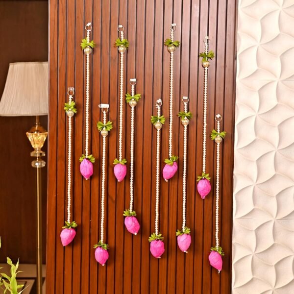 De Royalsthan Pack of 10 Lotus Buds Hanging Latkan for Wall Door Festival Decorations, Diwali Decor Items, Size 1.6 Ft, Pooja Room Decoration Items, Pink Lotus Buds Hangings for Mandir Decorations