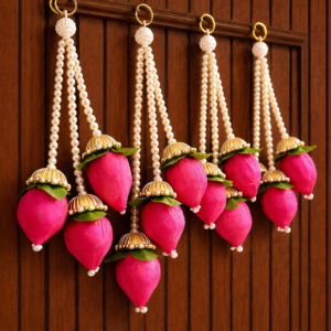 De Royalsthan Lotus Hanging Decoration for Pooja Room Mandir Decor Set of 5 12 Inch Solawood Lotus Bud Toran with Pearl Strings Door Wall Festival Diwali Home Decor