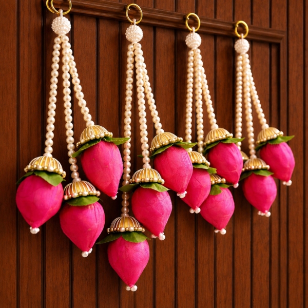 De Royalsthan Lotus Hanging Decoration for Pooja Room Mandir Decor Set of 5 12 Inch Solawood Lotus Bud Toran with Pearl Strings Door Wall Festival Diwali Home Decor