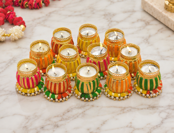 De Royalsthan Designer Damru Tealight Diwali Diya for Home Decoration (Set of 12)