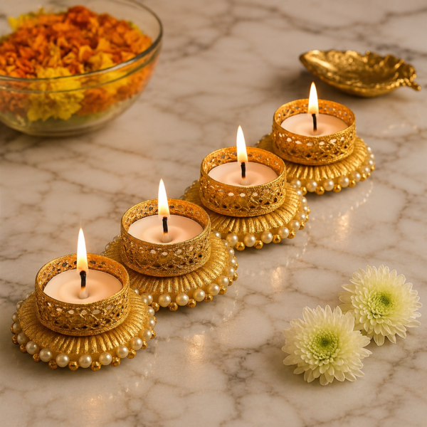 De Royalsthan  Metal Tea Light Candle Holder Set of 4 Pcs, Deepawali Tlight for Decoration, Diya for Home Decor| Designer Candle Holders | Diwali Gift, Gift Items |, Gold & White