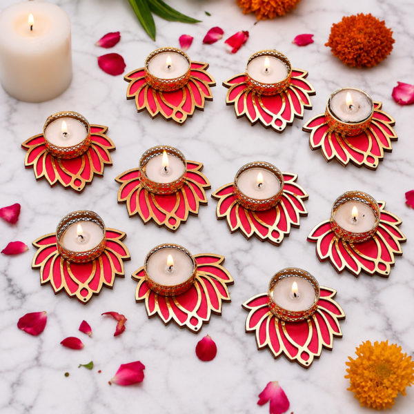 De Royalsthan Handmade Lotus Tealight Candle Holder Set of 10 for Diwali Home Navratra Onam Decoration Diwali Diya Tealight Candle Holder (Including Tealight) (Golden, 8.8 CM Length) (Set of 10)