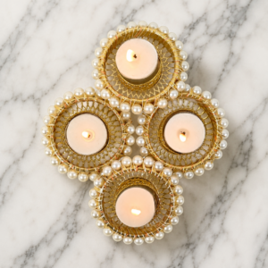 De Royalsthan Decorative Diwali Wax Diya with Pearl Ring – Tea Light Candle with Reusable Holder – Diyas Set of 4 (Only Candle and Holder)
