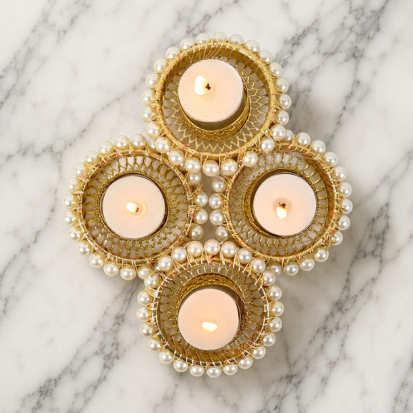 De Royalsthan Decorative Diwali Wax Diya with Pearl Ring - Tea Light Candle with Reusable Holder - Diyas Set of 4 (Only Candle and Holder)
