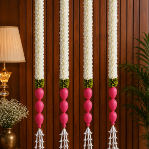 De Royalsthan Lotus Buds and Mogra Flowers Decoration At Home | Easy Simple Backdrop Pack of 7 Strings (Artificial) Flowers | Back Stage Decoration for Ganpati, Navratri, Durga Puja