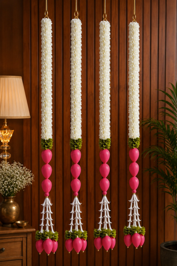 De Royalsthan Lotus Buds and Mogra Flowers Decoration At Home | Easy Simple Backdrop Pack of 7 Strings (Artificial) Flowers | Back Stage Decoration for Ganpati, Navratri, Durga Puja