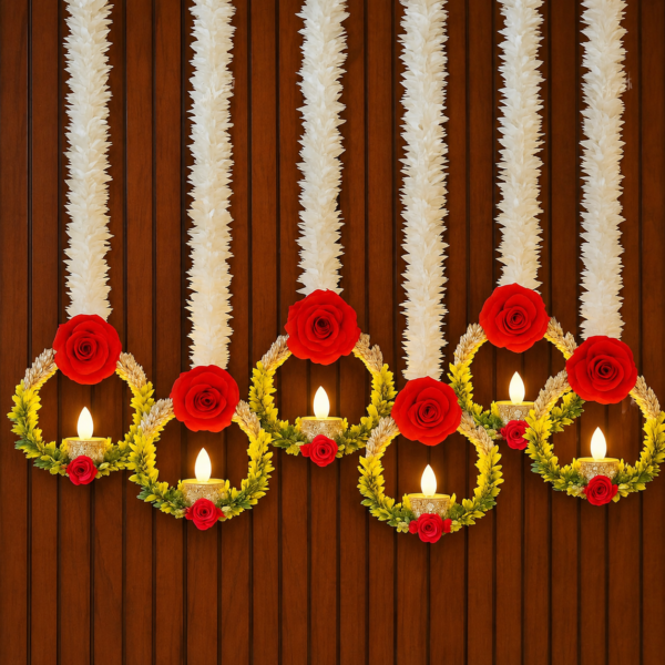 De Royalsthan Set of 4 Wall Hangings (LED Lights - NOT Included)-20 INCH for Home Decoration, Diwali Decor, Red Flower, Handmade Diwali Decoration Psychedelic Wall hangings, Door Valance Hanging