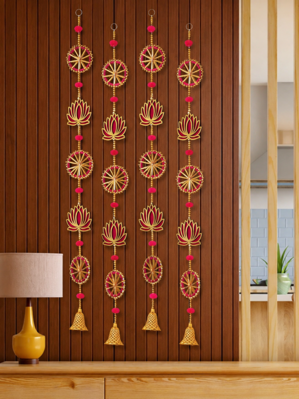 De Royalsthan Wood Handmade Lotus Wall and Door Hanging - Home, Pooja, Diwali, Wedding and All Festival Décor - Decorative Pooja Room Temple Decoration (36 Inches Height - Pack of 4)