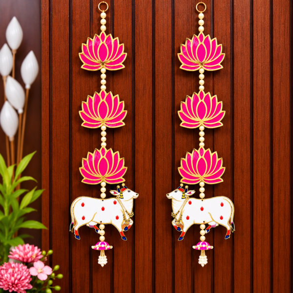 De Royalsthan Wood Handmade Lotus with Cow & Jhumki Ganpati Diwali Home Decoration MDF Floral Wall Hangings Temple | 1 Pair | 25 Inch Each | Makar Sankranti, White & Pink