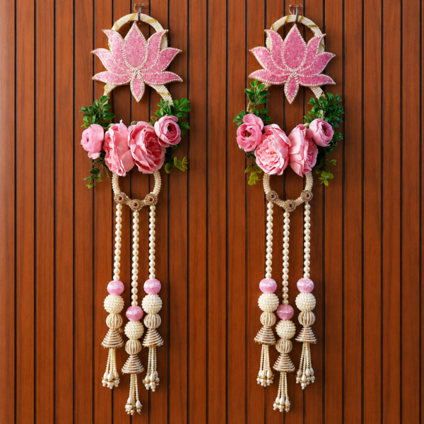 De Royalsthan Door Entrance Hanging, Mandir Door Decorations Items, Lotus Flower with Shubh Labh Style Hanging, Ganpati Decor & Diwali Decoration Pack of 2 (Pink Floral Decor Hanging)