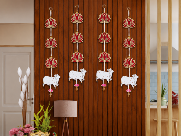 De Royalsthan Lotus with Pichwai Cow Wall and Door Hanging - Home, Mandir Decorations Items, Diwali Décor, All Festival Décor, Decorative Pooja Room Temple Decoration (32'' Height - Pack of 4)