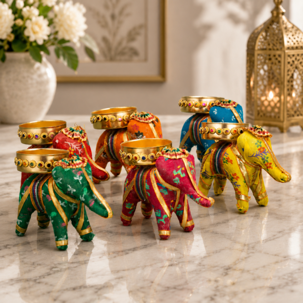 De Royalsthan Handcrafted Recycled Material Elephant Tealight Candle Holder Home Decoration Item for Diwali Decor (Multicolor, 8 X 5 X 10 Cm) - Pack of 6