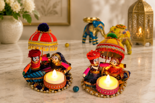 De Royalsthan Recycled Material Rajasthani Raja Rani Puppet, Dolls Decorative Tealight Candle Holder, Diwali Decoration Items for Home Decor, Tea Light Candle Holder(Pack of 2)