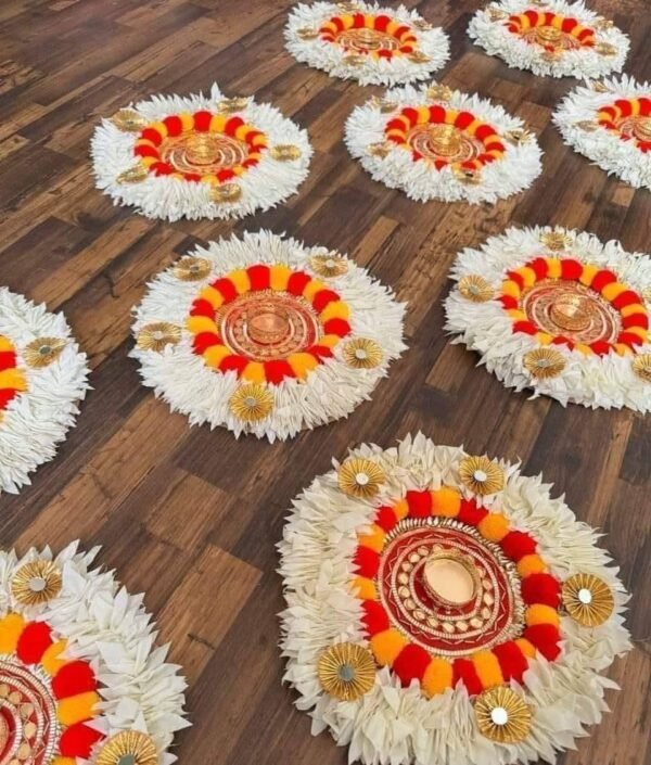 Deroyalsthan Traditional Floral Floor Rangoli Decorations, White and Pink, Spiral Staircase Display Set (10)