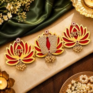 Deroyalsthan Shubh Labh Set With Laxmi Charan | Handcrafted Shubh Laabh Set On Lotus With Kundan Stone Charan For Your Home Office Tijori Main Door Entrance |