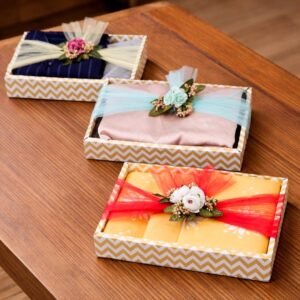 De Royalsthan 3 Pcs Decorative Hamper Gift Tray with Net Band | Cardboard Box for Hamper Decorations items, Festive Gifting | Packing Box for Saree, Sweets, Return Gift, Marriage, Wedding Packing (Multicolor)