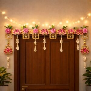 De Royalsthan Elegant Entrance Décor: Beautiful artificial lotus flower toran with roses and beads for decorating main doors, walls, temples, and balconies (TR-02)