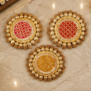 De Royalsthan Handmade Gota Patti Work Plate, Table Decor & Base for Statues, Gods, Plants | Craftsmanship with Golden Moti Detailing, Ideal Gift for Diwali, Birthdays, Housewarming (Pack of 3)
