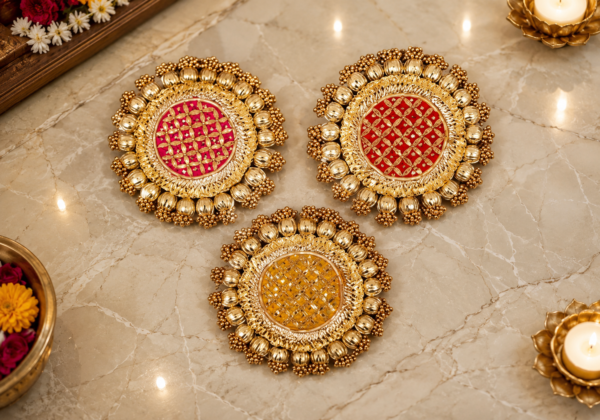 De Royalsthan Handmade Gota Patti Work Plate, Table Decor & Base for Statues, Gods, Plants | Craftsmanship with Golden Moti Detailing, Ideal Gift for Diwali, Birthdays, Housewarming (Pack of 3)
