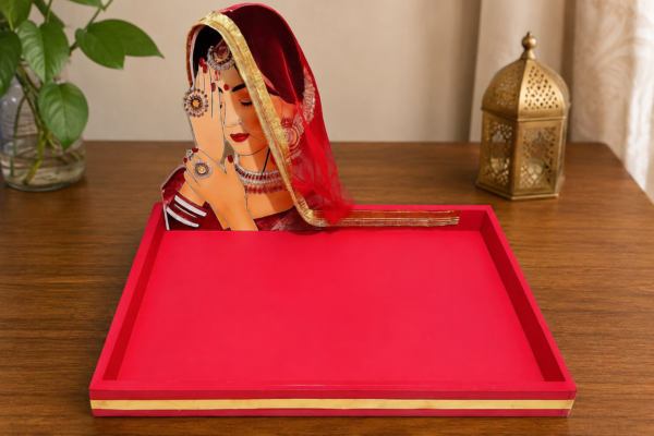 De Royalsthan Multipurpose Wedding Gift Packing Tray with Bride Cutout – Handcrafted Rectangle Platter Thali, 12x18 inch-Wedding Packing (Red)