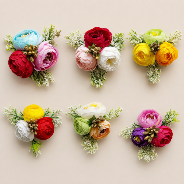 De RoyalsthanSet of 6 Handmade Artificial Peonies Flower Bunch for Hamper, Flower Brooch Hamper for Decoration, Gifting, Trousseau Packing | Flower Bunch (Multi Color)